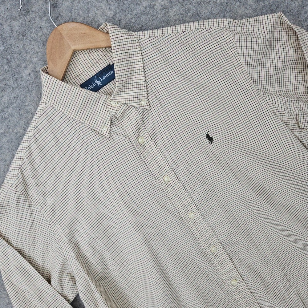 Ralph Lauren Button Down Shirt Men's Large Tan Tattersall Plaid Long Sleeve NAME